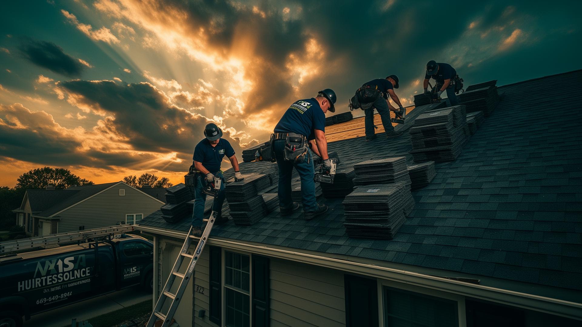 Total Roofing Ohio crew installing shingles at golden hour after a Northeast Ohio storm